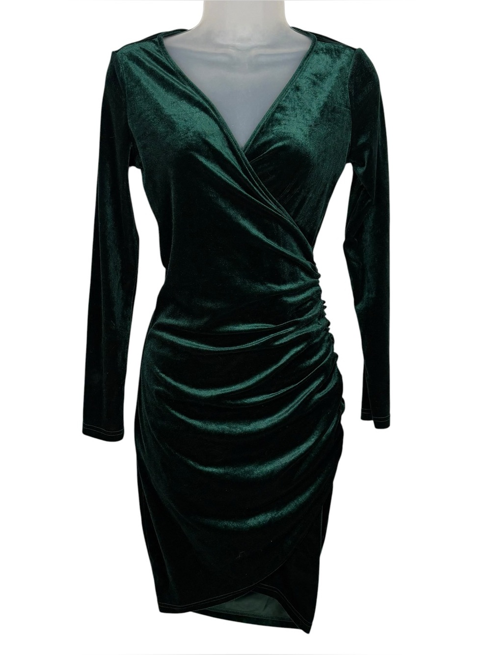 Guberry Emerald Green Velvet Long Sleeve Fitted Faux Wrap Holiday Dress Small S